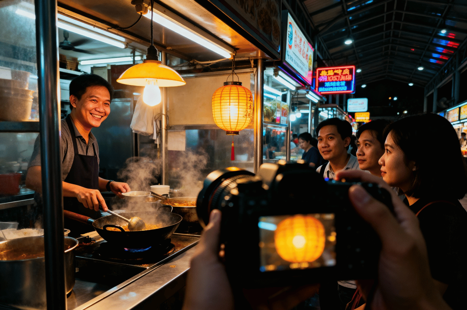 After-MRT- (4) Bustling night market food stall where a smiling cook stirs a steaming wok under warm lantern light, as four onlookers watch with delight; in the foreground, a camera screen frames the cook and lantern, reflecting the food photographer’s immersive midnight adventure in street food culture.