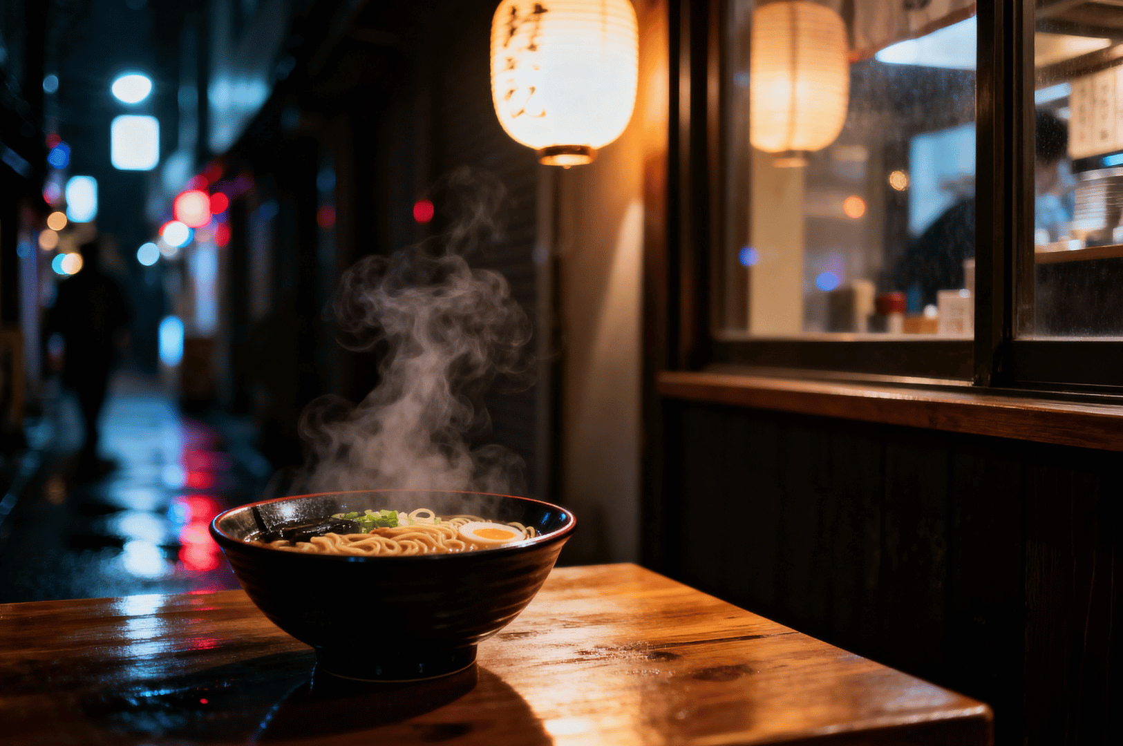 Artificial-Lights- (1) Steaming bowl of ramen illuminated by warm, directional artificial lighting on a rain-slicked alleyway table at night; soft glow from nearby lanterns mimics natural ambient light, highlighting the noodles, green onions, and rising steam while preserving the moody contrast between cozy interior and shadowed street—an example of cinematic food photography that feels organic despite nighttime conditions.