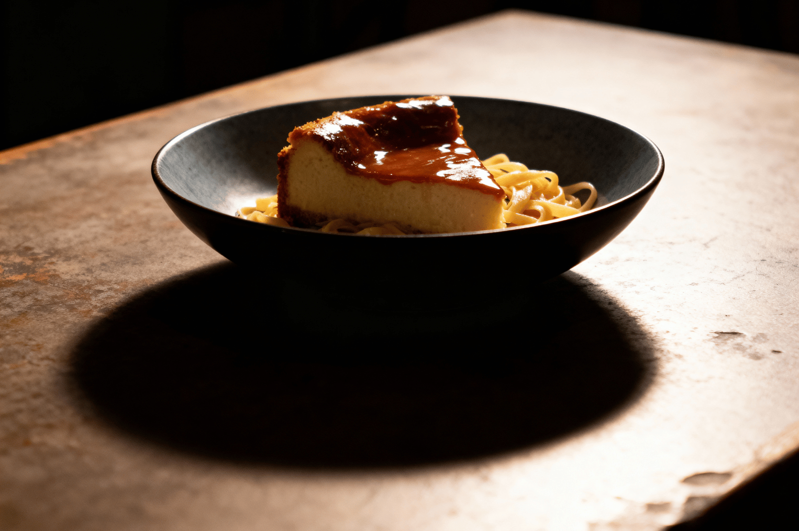 Artificial-Lights- (2) Dark ceramic bowl holding pasta topped with a glossy slice of caramel-glazed cheesecake, dramatically lit to simulate soft, natural shadows; the rustic surface and moody vignette enhance texture and depth, showcasing how artificial lighting can evoke organic warmth and visual intrigue—even with unconventional food pairings.
