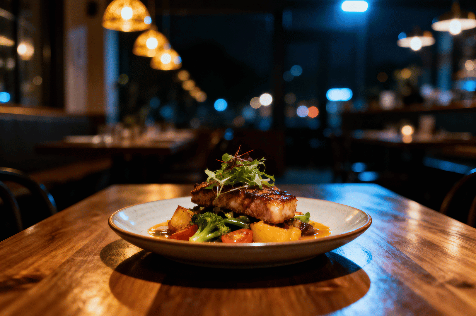 Artificial-Lights- (3) Seared fish plated with microgreens and vibrant vegetables—cherry tomatoes, yellow squash, green beans—bathed in warm, pendant-lit ambiance on a wooden table; artificial lighting mimics natural glow, sculpting soft shadows and rich color contrast to evoke the intimacy of fine dining after dark, blending culinary artistry with atmospheric storytelling.