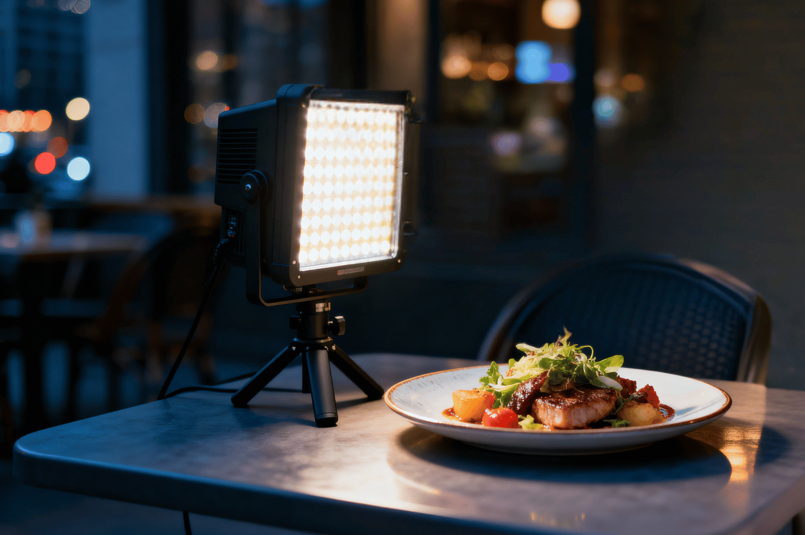 Artificial-Lights- (4) Professional LED panel positioned beside a plated gourmet dish in a dimly lit restaurant, casting soft, directional light that mimics natural window glow; the setup reveals vibrant greens and vegetables with cinematic clarity, while blurred background lights evoke evening ambiance—capturing the behind-the-scenes artistry of artificial lighting that feels effortlessly organic.