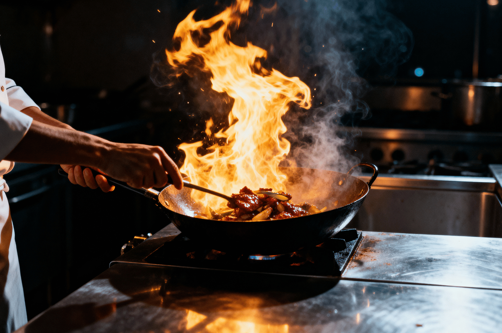 Flame-Photography- (1) Chef tossing ingredients in a blazing wok, orange flames leaping upward in a dark kitchen, captured mid-motion for a light-painting effect