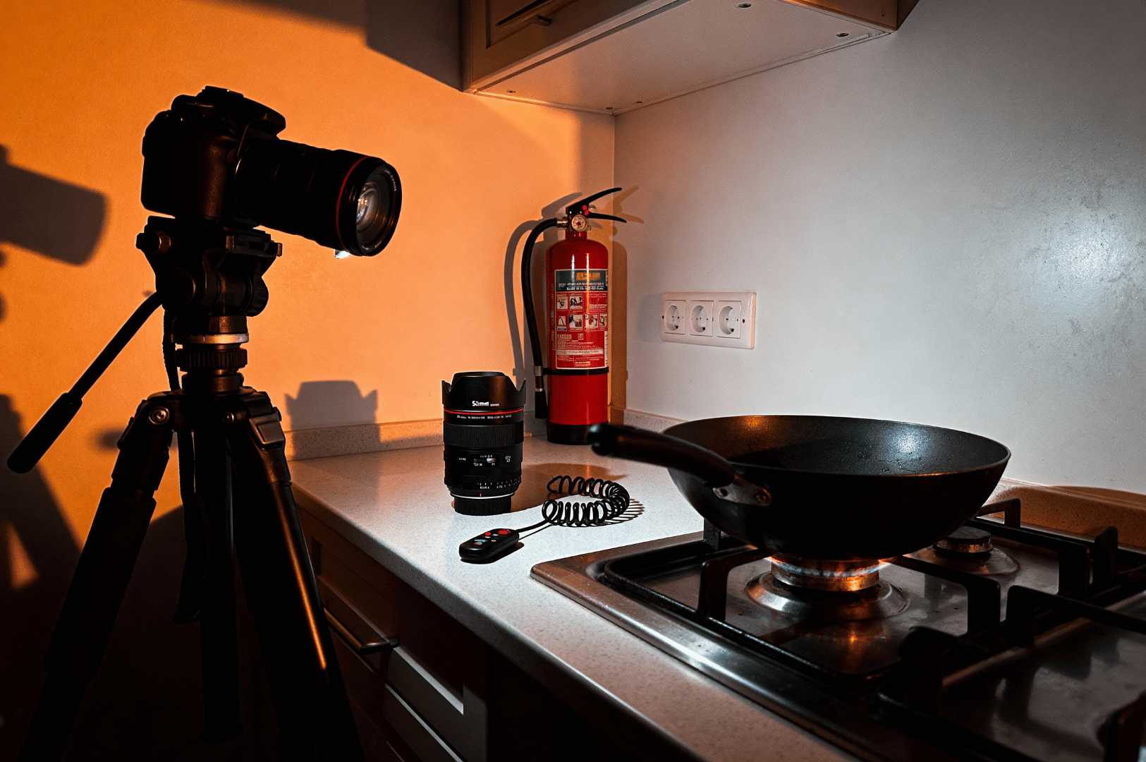 Flame-Photography- (2) A dimly lit kitchen scene at night with a gas stove burner creating a controlled flame, a DSLR camera on a tripod aimed at the stove, and a fire extinguisher nearby—setup illustrating safe light-painting with real flames.