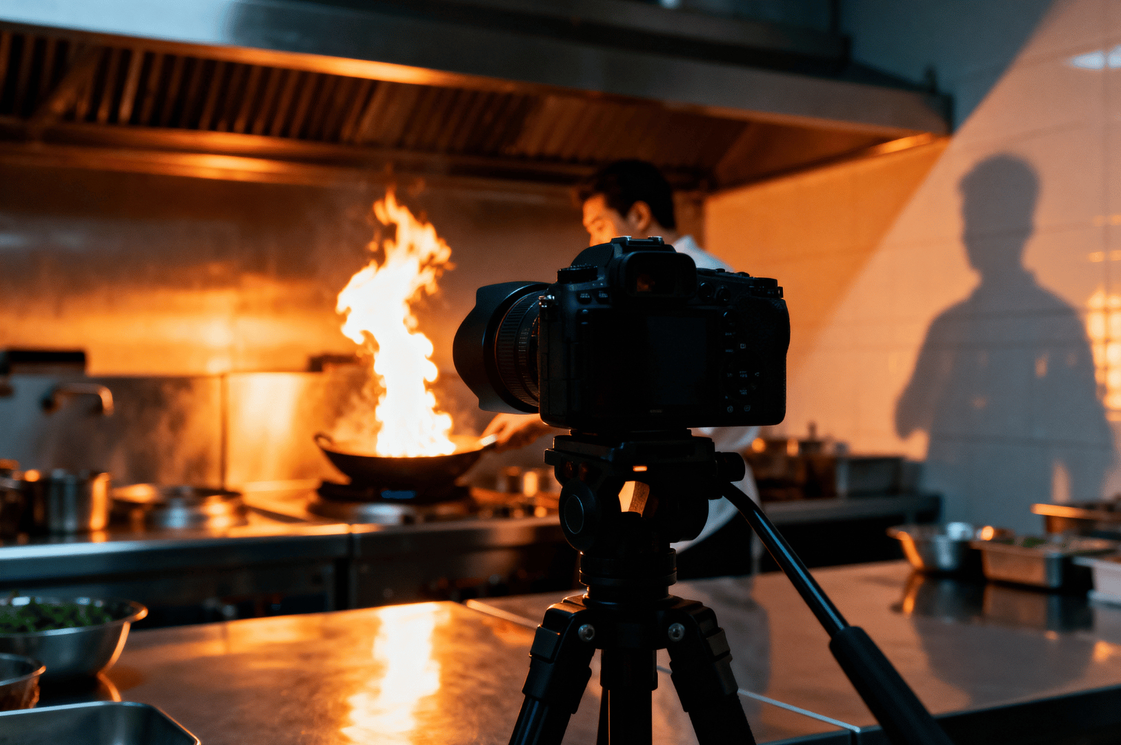 Flame-Photography- (4) Camera on tripod framed in a dark kitchen with a small, contained fire behind it, demonstrating night flame light-painting technique for a technical guide.