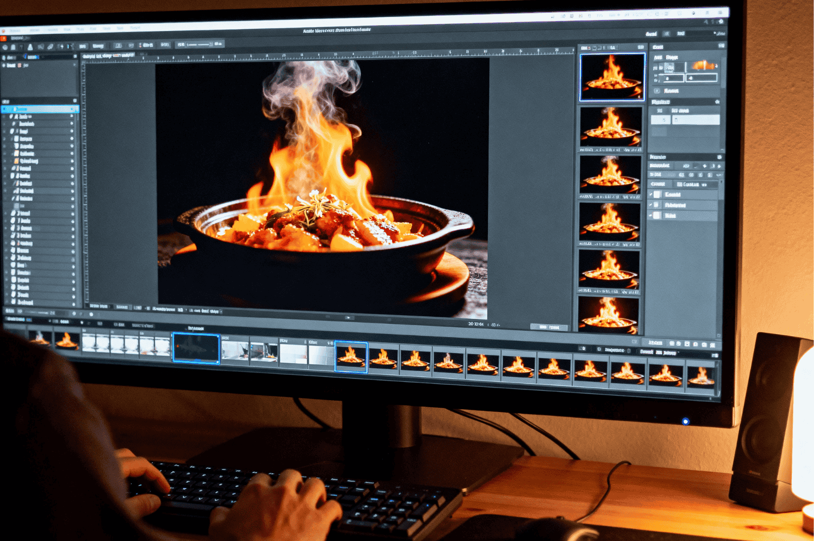 Flame-Photography- (5) Close-up of a person at a desk refining a food image with tall orange flames on a large screen, showing thumbnails and editing panels for a technical tutorial.
