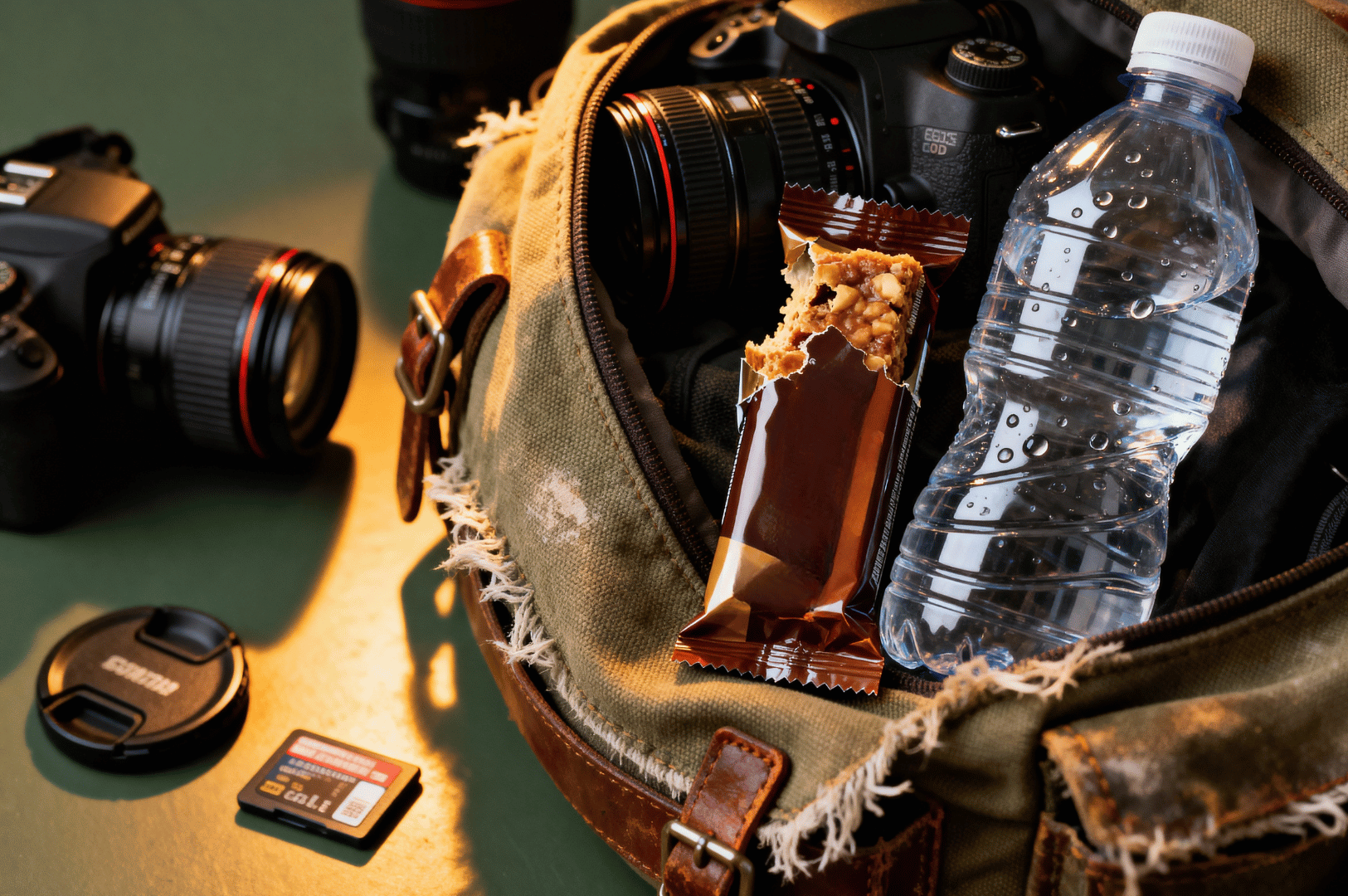 Food-Photographers-Diet- (1) Top-down view of a rugged canvas camera bag mid-shoot, revealing a DSLR camera, a half-eaten granola bar, and a clear water bottle—fuel for a food photographer on the move. Scattered nearby are a second DSLR, lens cap, and a 32GB SanDisk SD card, capturing the raw essentials of a shoot day diet: hydration, quick calories, and gear that never rests.
