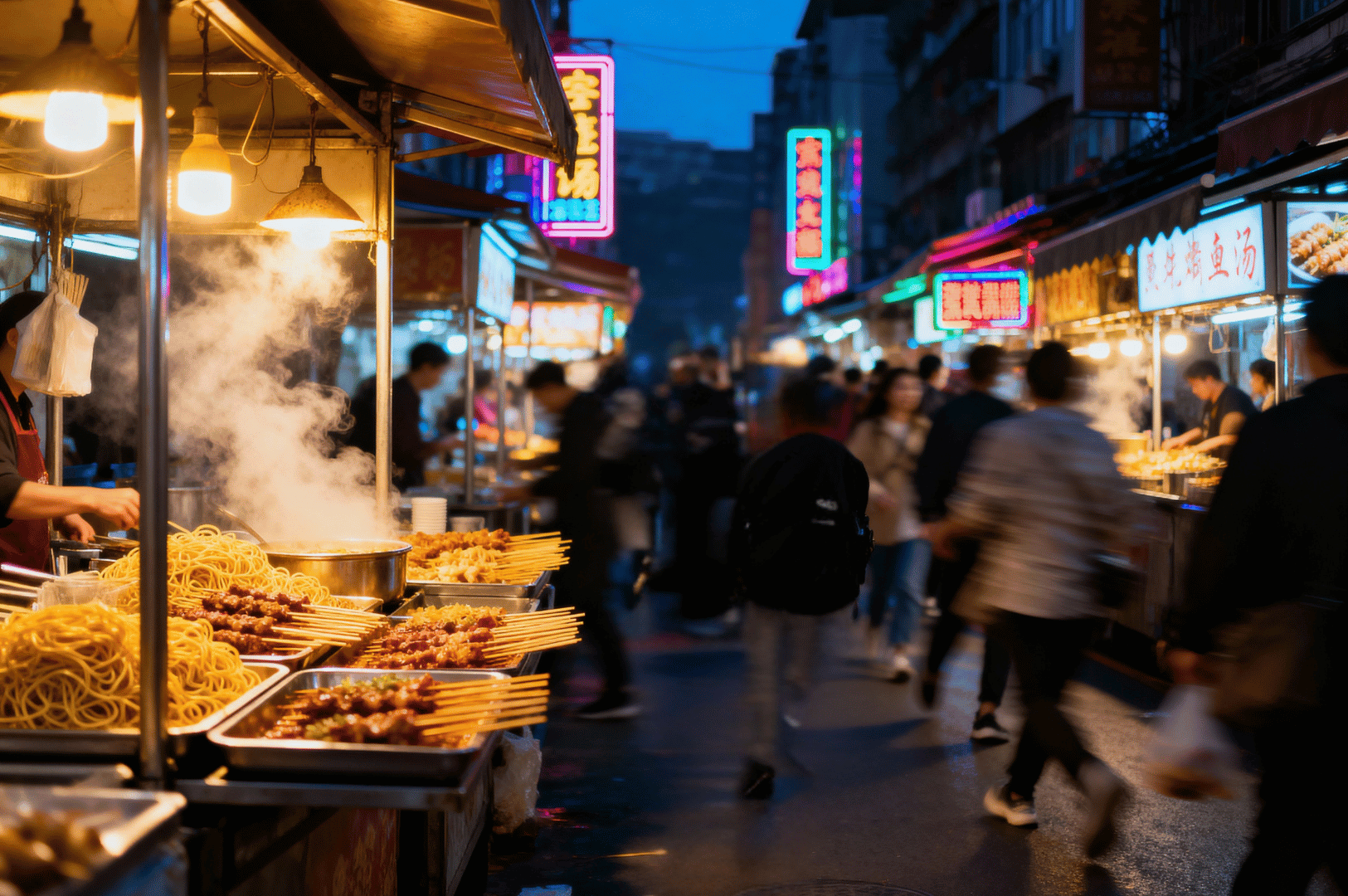 Food-Photographers-Diet- (2) Night market alive with steam, neon, and motion—skewers sizzle under hanging bulbs as crowds blur past food stalls in a narrow East Asian street. Amid the sensory overload, a food photographer navigates the chaos, capturing flavors they won’t taste, sustained by snacks tucked away while documenting everyone else’s feast.