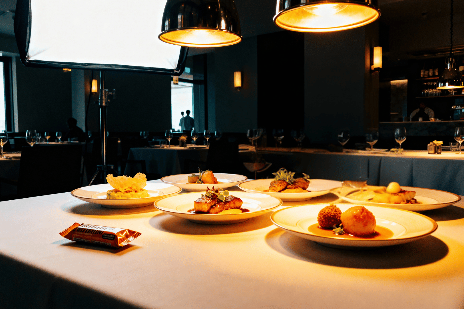Food-Photographers-Diet- (3) Six gourmet dishes glow under overhead lights in a fine dining restaurant, meticulously plated and ready for the camera. In the foreground, a humble packaged snack sits near the edge of the table—a quiet nod to the food photographer’s real meal, often eaten cold and unnoticed while everyone else’s dinner gets the spotlight.