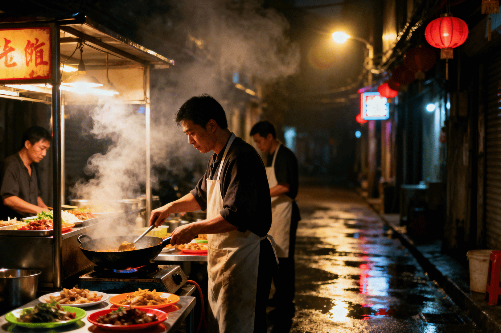 Hidden-Food-Gems- (1) Steam rises from sizzling woks as three apron-clad cooks prepare late-night dishes in a rain-slicked alleyway, bathed in the warm glow of red lanterns and street lights. The intimate scene captures the soul of Singapore’s hidden food gems—where culinary whispers echo through the night and every dish tells a story of dedication, flavor, and quiet mastery.
