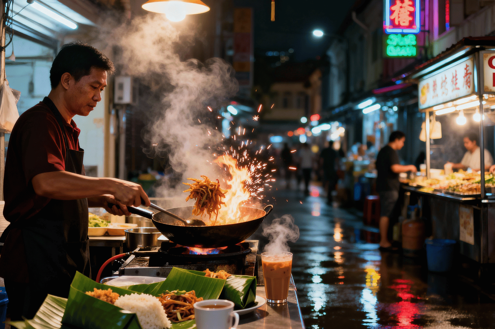 Hidden-Food-Gems- (2) A street food maestro commands the flames of his wok, sparks flying as he sears ingredients with theatrical intensity. Banana leaf-wrapped plates and steaming rice line the stall, while neon signs and wet pavement reflect the pulse of Singapore’s night market culture. This moment captures the raw energy and culinary devotion behind the city’s hidden food gems—where every flick of the wrist tells a story whispered through fire and flavor.