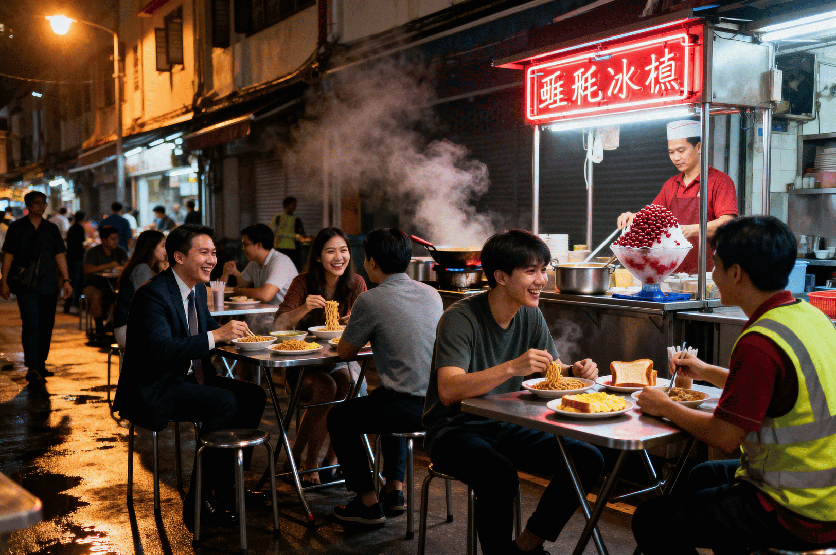 Hidden-Food-Gems- (3) Diners gather around metal tables under neon glow, savoring toast, noodles, and red bean delicacies as steam curls from a bustling food stall. A vendor in a red shirt scoops ingredients with quiet focus, framed by rain-slicked pavement and the hum of conversation. This scene evokes the communal warmth and understated brilliance of Singapore’s hidden night kitchens—where stories unfold over shared meals and every bite carries the hush of tradition.