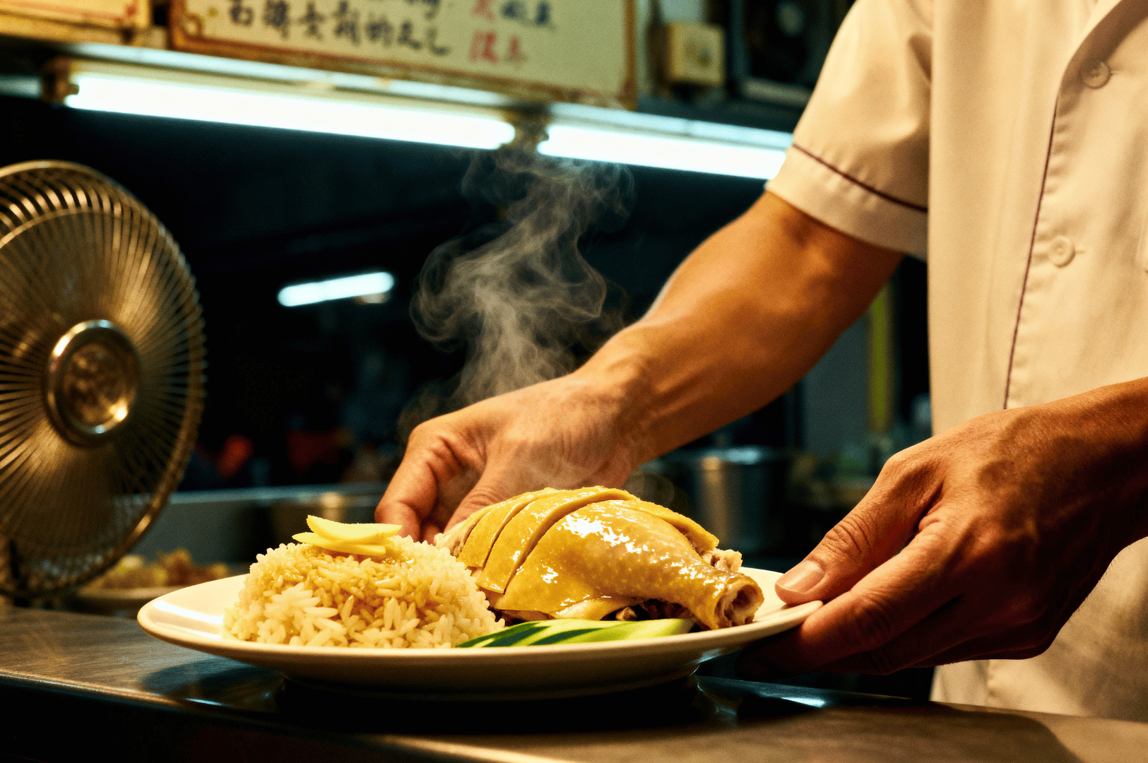 Hidden-Food-Gems- (4) A chef in crisp whites presents a steaming plate of Hainanese chicken rice—tender poached chicken, fragrant rice, and cucumber slices arranged with quiet precision. Steam rises in the glow of a humble kitchen fan, while Chinese signage hints at heritage. This moment distills the soul of Singapore’s hidden culinary sanctuaries, where tradition is plated with care and every dish whispers of comfort, memory, and mastery.