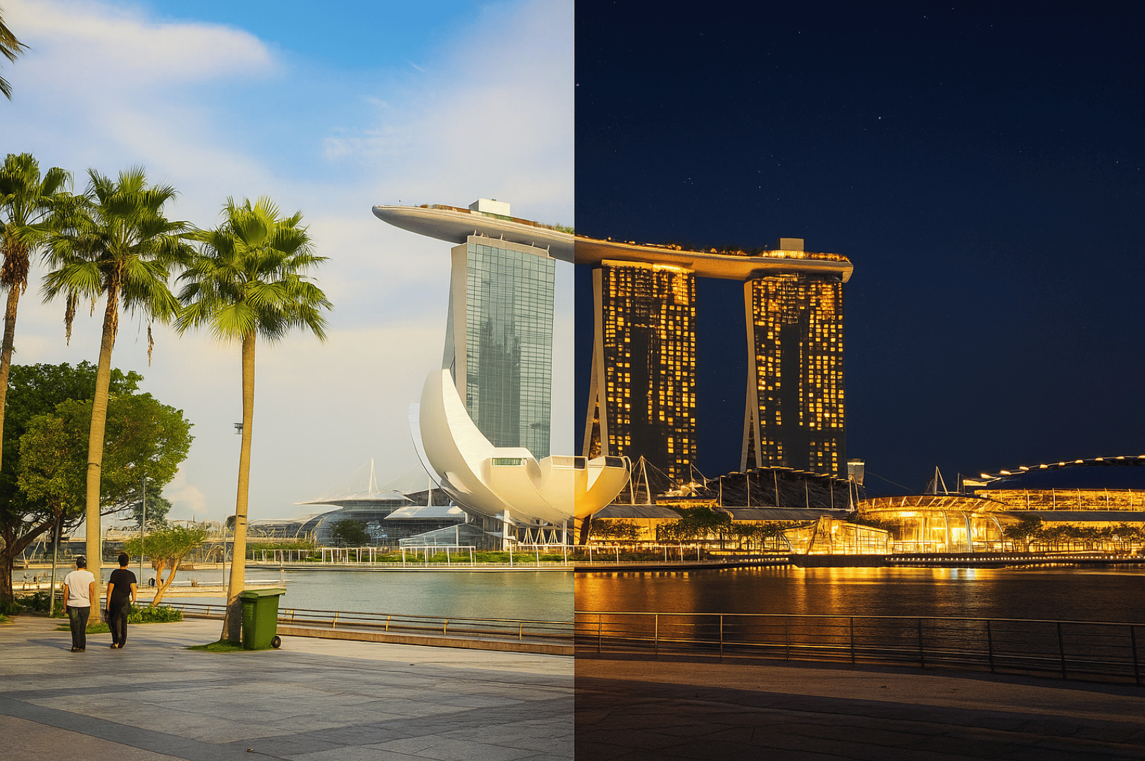 Night-And-Day- (2) Split-view of Singapore’s Marina Bay Sands, juxtaposing daytime clarity with nighttime vibrance—symbolizing the duality of food photography techniques. The sunlit promenade and crisp architectural lines contrast with the glowing city lights and deep shadows, echoing the shift from natural to artificial lighting in visual storytelling.