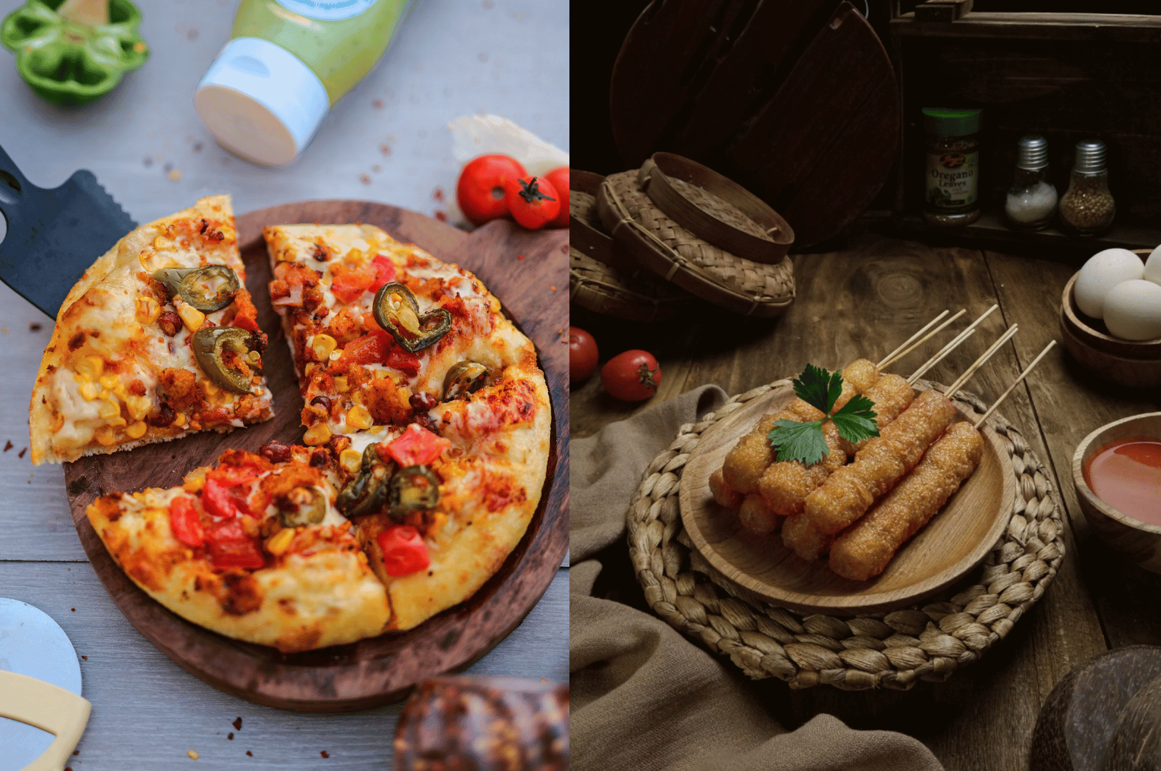 Night-And-Day- (4) Split-screen of two food scenes—left side featuring a vibrant jalapeño-topped pizza on a wooden board, surrounded by fresh ingredients in daylight; right side showcasing skewered fried bites in a rustic, low-light setting with eggs and spices. The contrast evokes the shift from bright, editorial-style compositions to moody, tradition-rich narratives in food photography.