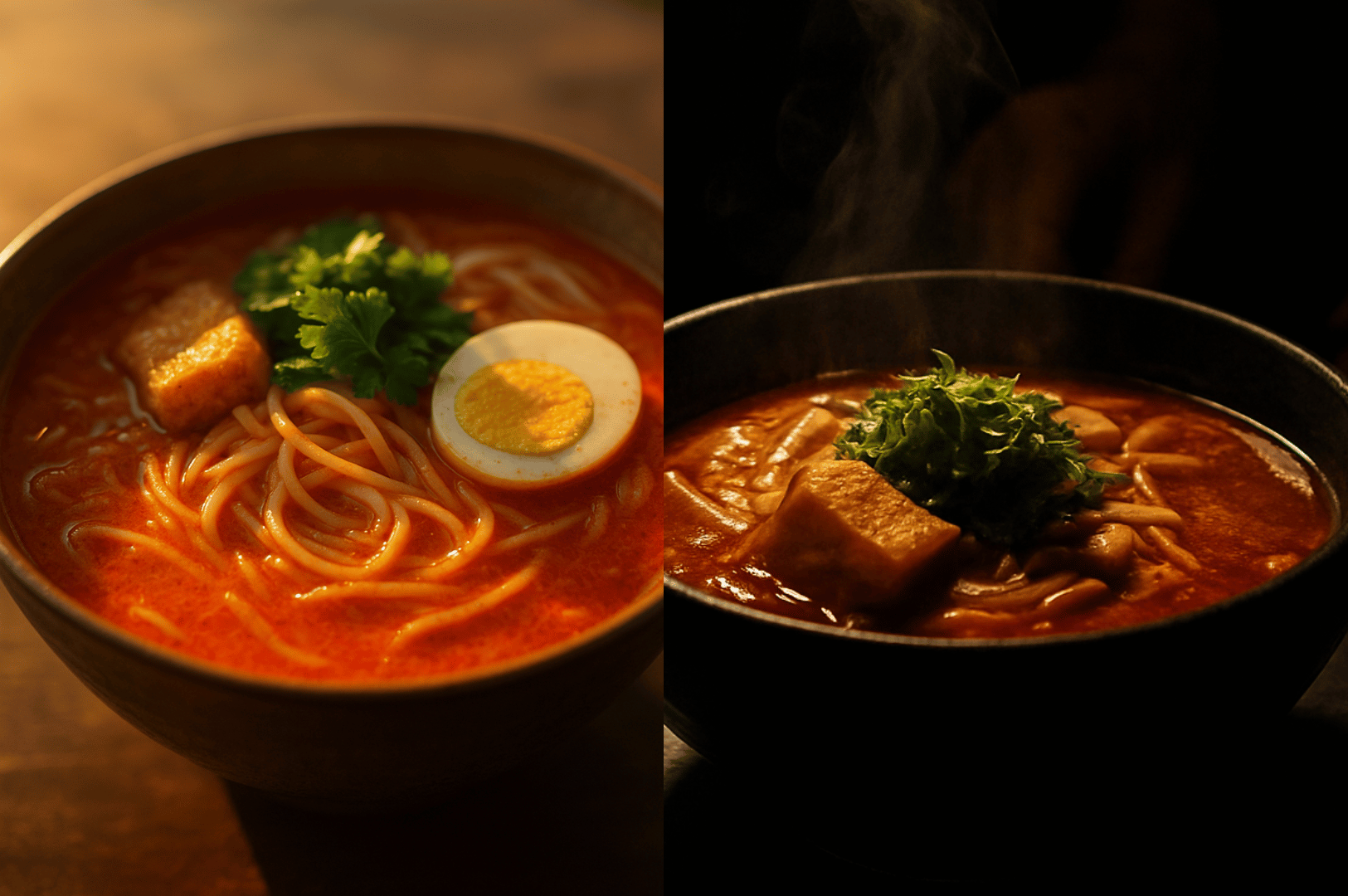 Night-And-Day- (5) Side-by-side bowls of ramen in rich red broth—left bowl brightly lit to highlight vibrant herbs, tofu, and halved egg; right bowl dimly lit with rising steam, evoking warmth and intimacy. The contrast captures the shift from crisp, editorial clarity to moody, atmospheric depth in food photography.