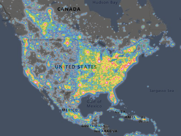 Light pollution in the United States of America according to lightpollutionmap.info