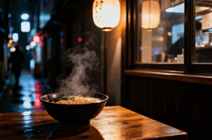 Artificial-Lights- (1) Steaming bowl of ramen illuminated by warm, directional artificial lighting on a rain-slicked alleyway table at night; soft glow from nearby lanterns mimics natural ambient light, highlighting the noodles, green onions, and rising steam while preserving the moody contrast between cozy interior and shadowed street—an example of cinematic food photography that feels organic despite nighttime conditions.