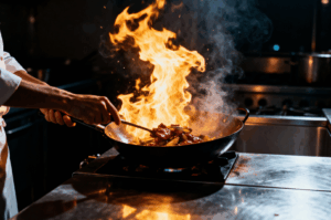 Flame-Photography- (1) Chef tossing ingredients in a blazing wok, orange flames leaping upward in a dark kitchen, captured mid-motion for a light-painting effect