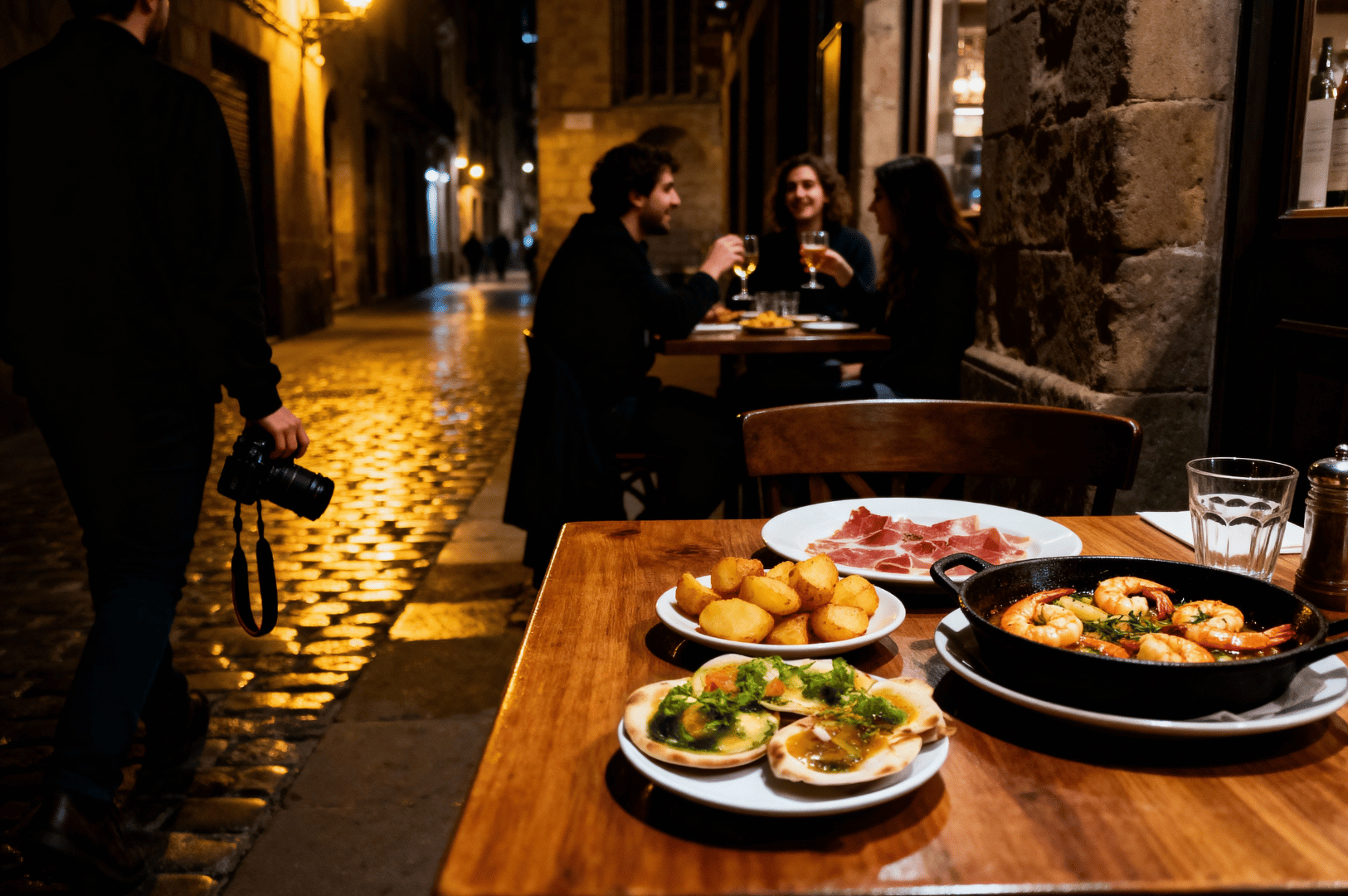 Warmly lit cobblestone street in Barcelona at midnight, featuring a rustic outdoor table set with classic tapas—jamón slices, sizzling garlic shrimp, clams with herbs, and golden patatas bravas—framed by historic architecture and soft streetlamp glow. In the background, locals toast drinks at a nearby table while a passerby with a camera captures the late-night ambiance, evoking the hidden charm of Barcelona’s nocturnal culinary scene.