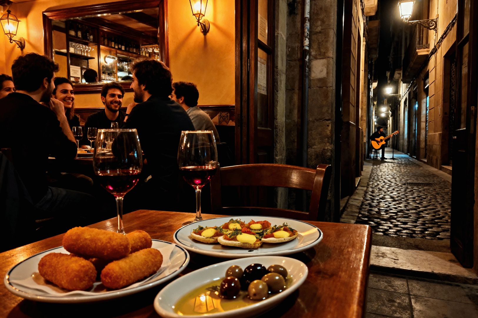 Intimate late-night scene in a warmly lit Barcelona café, where friends gather around a table with red wine, croquettes, assorted tapas, and marinated olives. Just beyond the cozy interior, a street guitarist performs under vintage lanterns in a narrow cobblestone alley, adding a soulful rhythm to the city’s nocturnal culinary heartbeat.