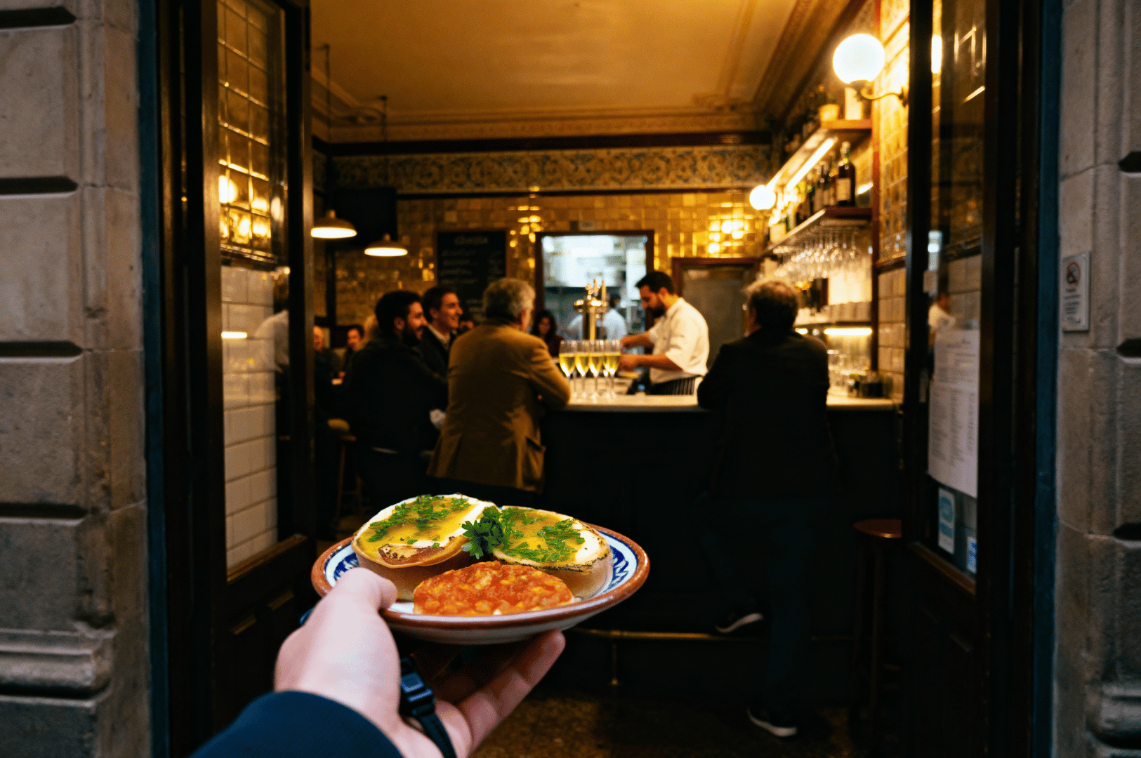 Inside a bustling late-night Barcelona bar, a hand presents a plate of crusty bread topped with herbs and a rich tomato dip, foregrounding the city’s vibrant tapas culture. Behind, patrons chat at a tiled counter under warm pendant lights, while a bartender pours drinks—capturing the convivial pulse of midnight dining in a hidden neighborhood gem.