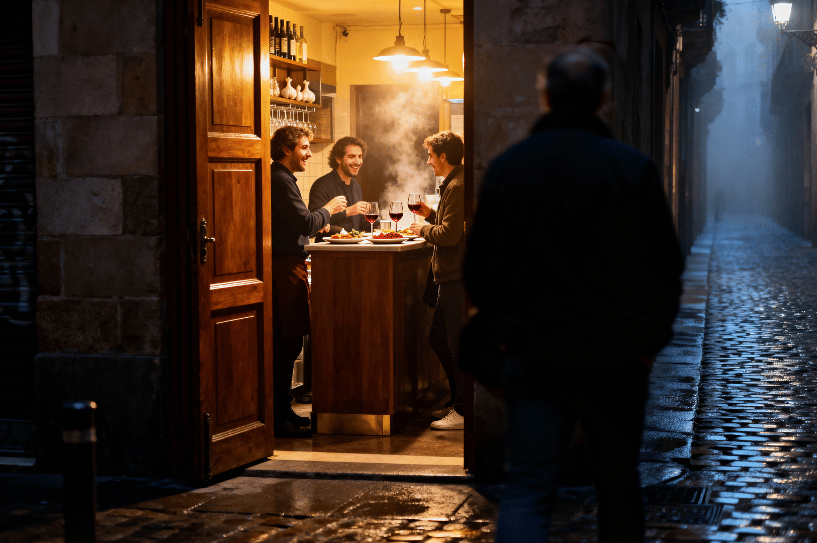 Steamy late-night toast inside a cozy Barcelona bar, where three friends gather around a high table with hot tapas and wine, bathed in warm light. Outside, a lone figure walks past on a misty cobblestone street, silhouetted against the cold night—highlighting the inviting glow and intimate camaraderie of hidden culinary havens after dark.