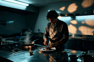 A chef in a dimly lit professional kitchen plates food with quiet focus, steam rising from a pan on the stove. Stainless steel counters, scattered herbs, and a halved lime evoke the raw intimacy of late-night culinary artistry. Dramatic shadows and warm highlights capture the secret rhythm of restaurant life after closing.