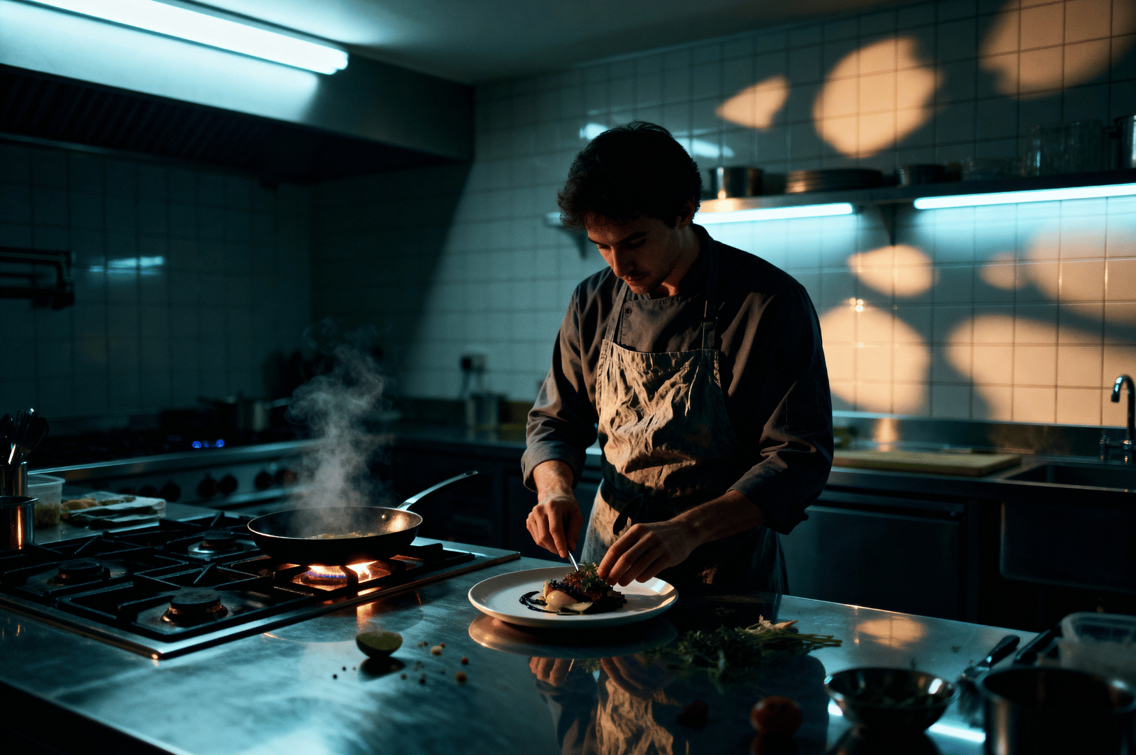 A chef in a dimly lit professional kitchen plates food with quiet focus, steam rising from a pan on the stove. Stainless steel counters, scattered herbs, and a halved lime evoke the raw intimacy of late-night culinary artistry. Dramatic shadows and warm highlights capture the secret rhythm of restaurant life after closing.