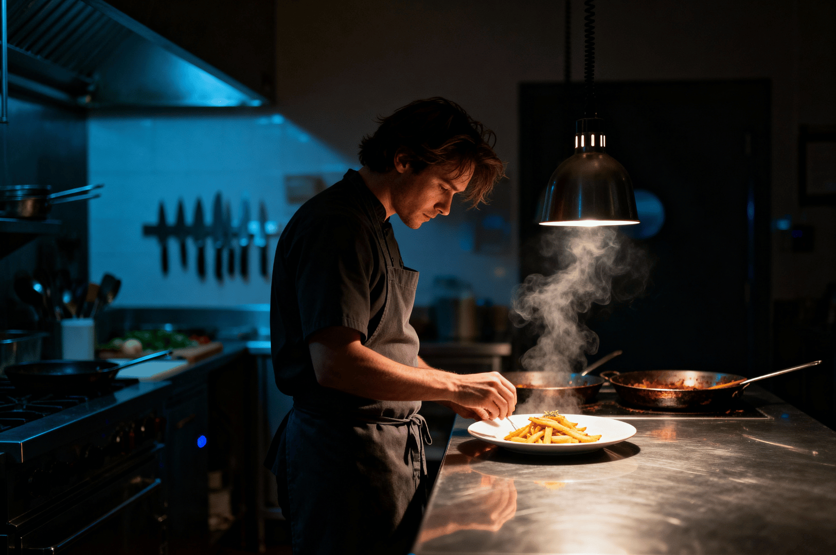 A chef in a shadowed kitchen plates steaming fries under a focused overhead light, the glow isolating their hands and the white dish like a stage. Knives line the wall behind them, and pots glint in the dimness, evoking the quiet intensity of post-service culinary ritual. The scene captures the precision and poetry of restaurant life after hours.