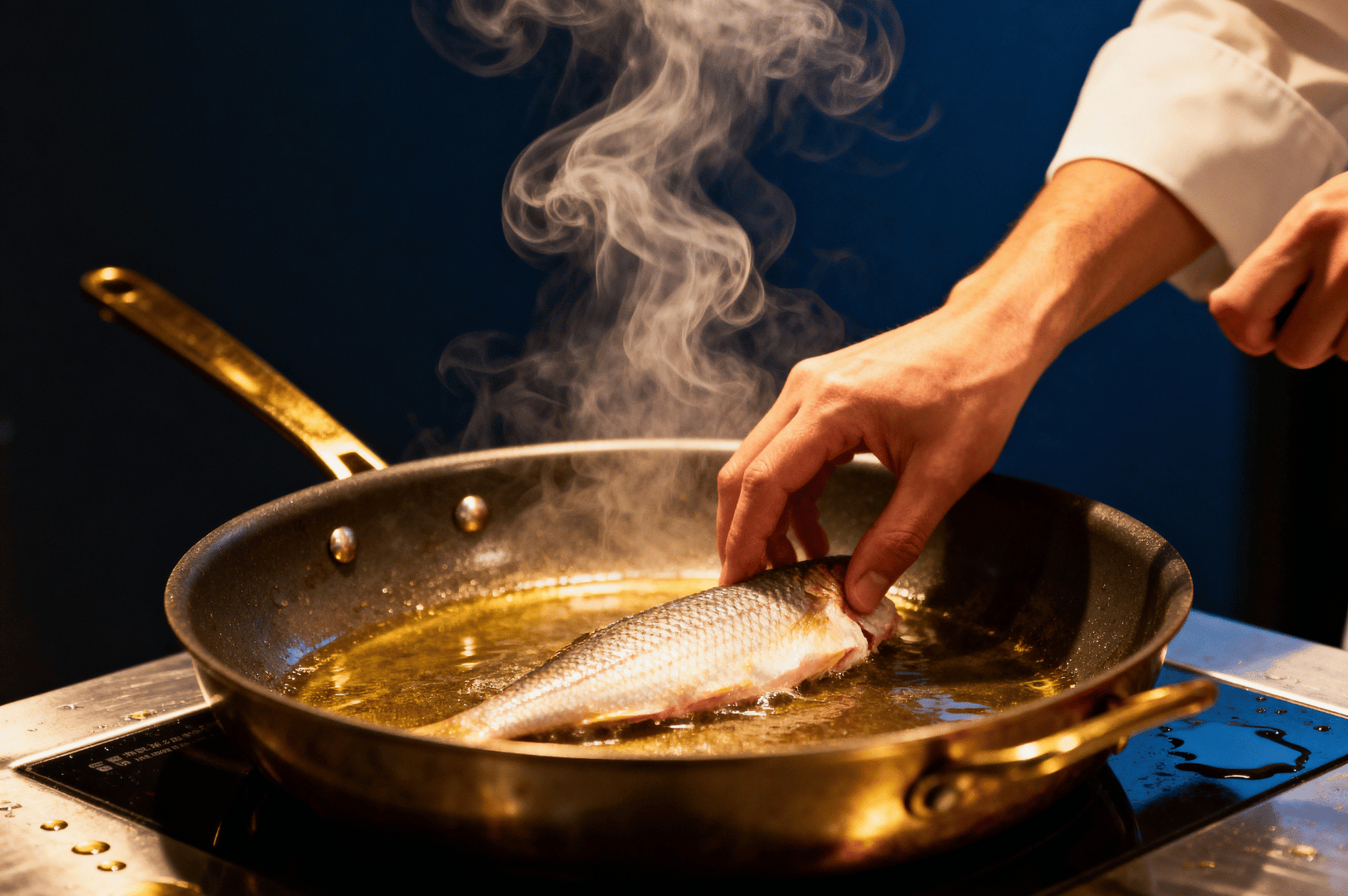 A chef lowers a whole fish into sizzling oil, steam curling upward in a haze of heat and precision. Clad in a white sleeve, their hand hovers with care over the pan, capturing the tactile choreography of late-night cooking. The scene evokes the quiet drama of technique and timing in a kitchen that never truly sleeps.