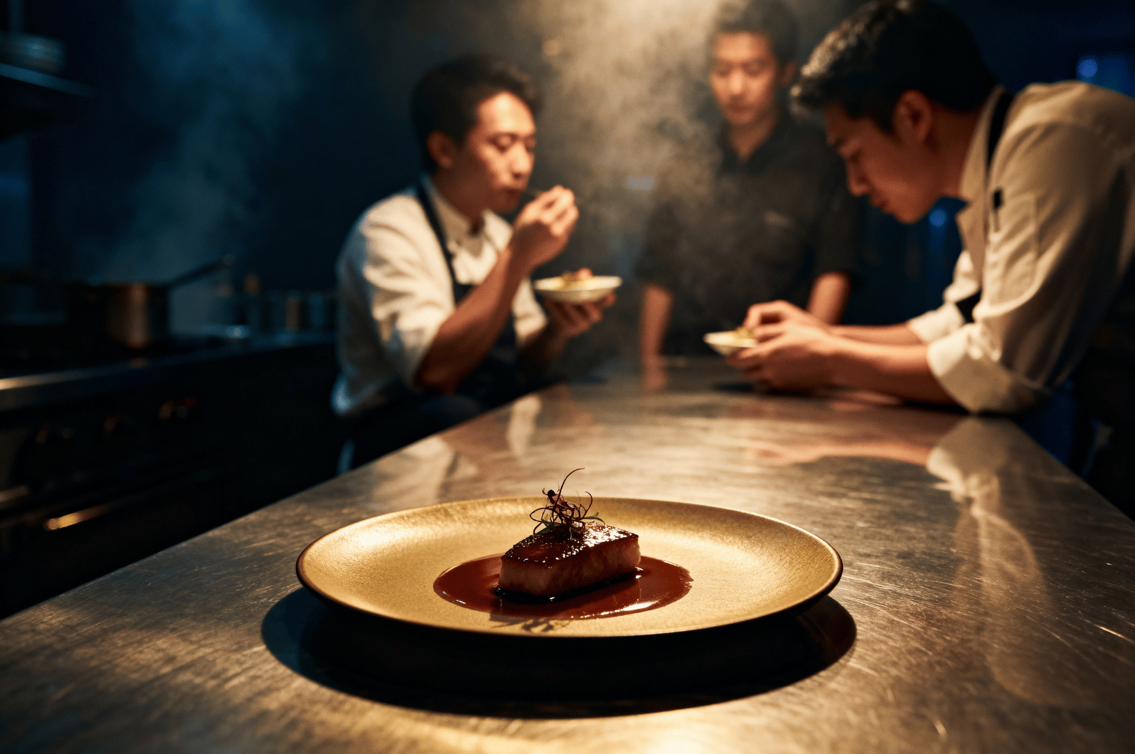 Three chefs gather in a dimly lit kitchen, tasting and refining dishes as steam rises around them. In the foreground, a golden plate gleams with seared meat and delicate garnishes, framed by reflections on stainless steel. The scene captures the collaborative artistry and quiet intensity of fine dining after hours.