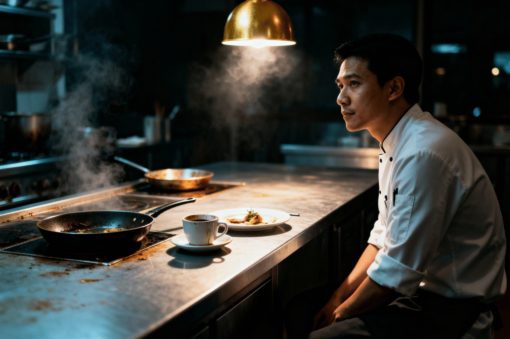 A chef sits alone at a stainless steel counter, bathed in warm overhead light, gazing quietly at a plated dish and a steaming pan. A cup of coffee rests nearby, hinting at fatigue and reflection. The dim kitchen, still echoing with the night’s work, captures a rare moment of pause in the relentless rhythm of restaurant life.