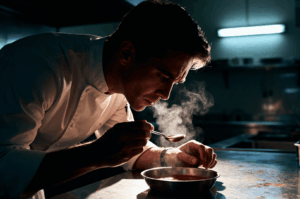 A focused chef in a dim kitchen tasting steaming soup from a spoon, lit by a cool overhead light.