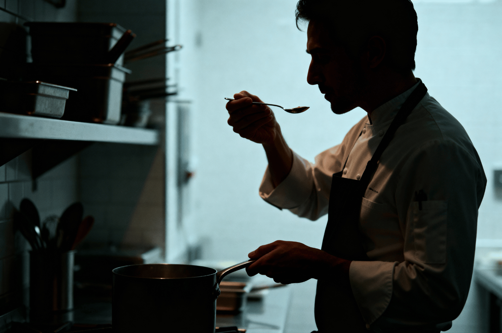 Chef-Portrait- (2) Silhouette of a chef tasting soup at the stove in a dim kitchen, highlighting patience and craft.