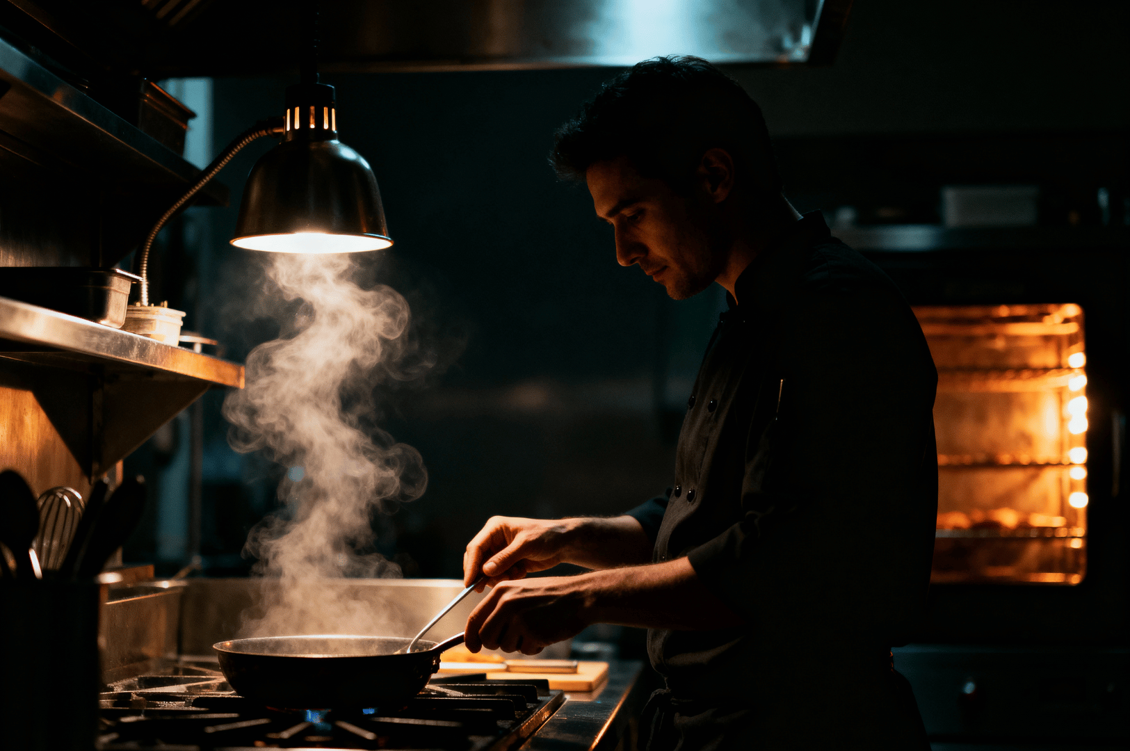 Chef-Portrait- (3) Chef cooking alone at night, lit by a warm lamp, steam rising from a pan on the stove.