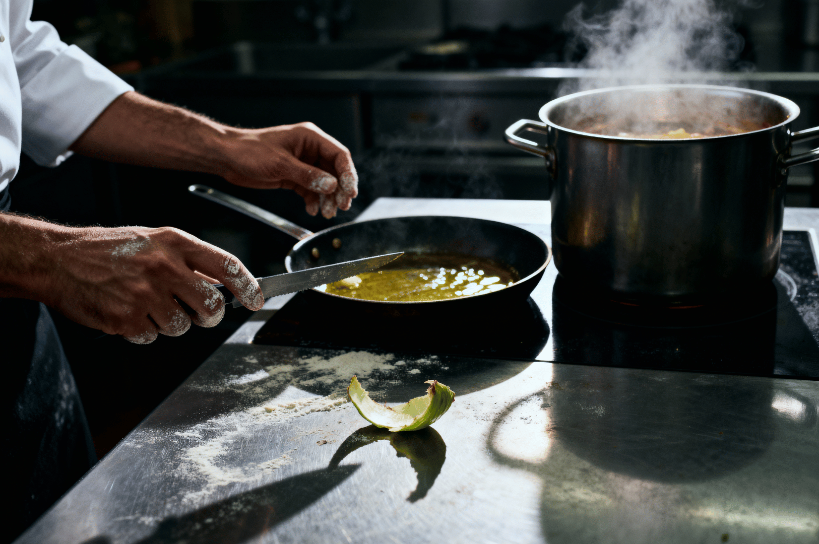 Chef-Portrait- (4) Close-up of a chef’s hands stirring a sauce in a hot pan beside a steaming pot on a stainless-steel stove, with flour dust and a vegetable peel on the counter.