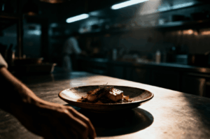 A chef’s hand reaches toward a dramatically lit plate of seared meat garnished with rosemary, set against the moody backdrop of a dim professional kitchen—an evocative study in contrast and culinary precision.