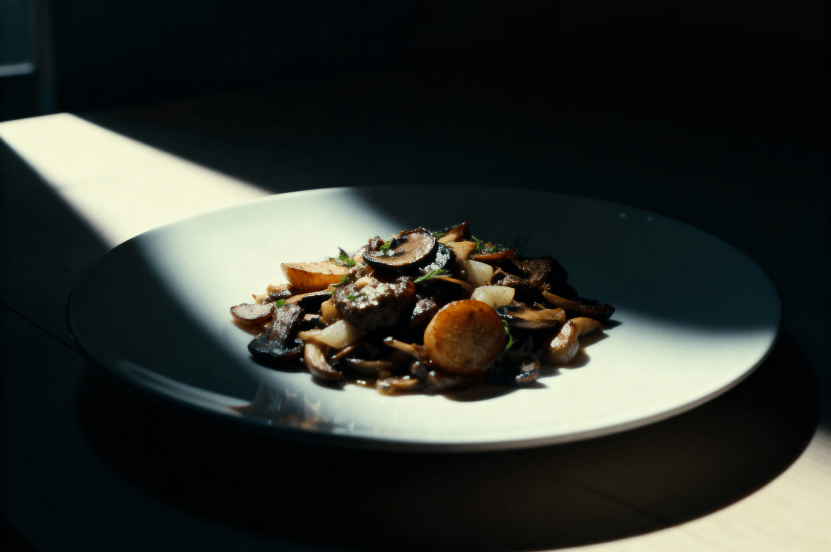 A beam of light slices through shadow to spotlight a plate of sautéed mushrooms, onions, and roasted potatoes—an earthy composition that uses contrast to elevate everyday vegetables into a dramatic visual centerpiece.