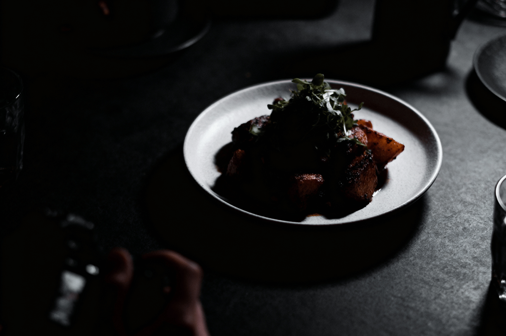 A moody spotlight reveals a gourmet plate of roasted meat and vegetables, garnished with fresh greens—its textures and tones intensified by deep shadows that frame the dish in cinematic elegance.