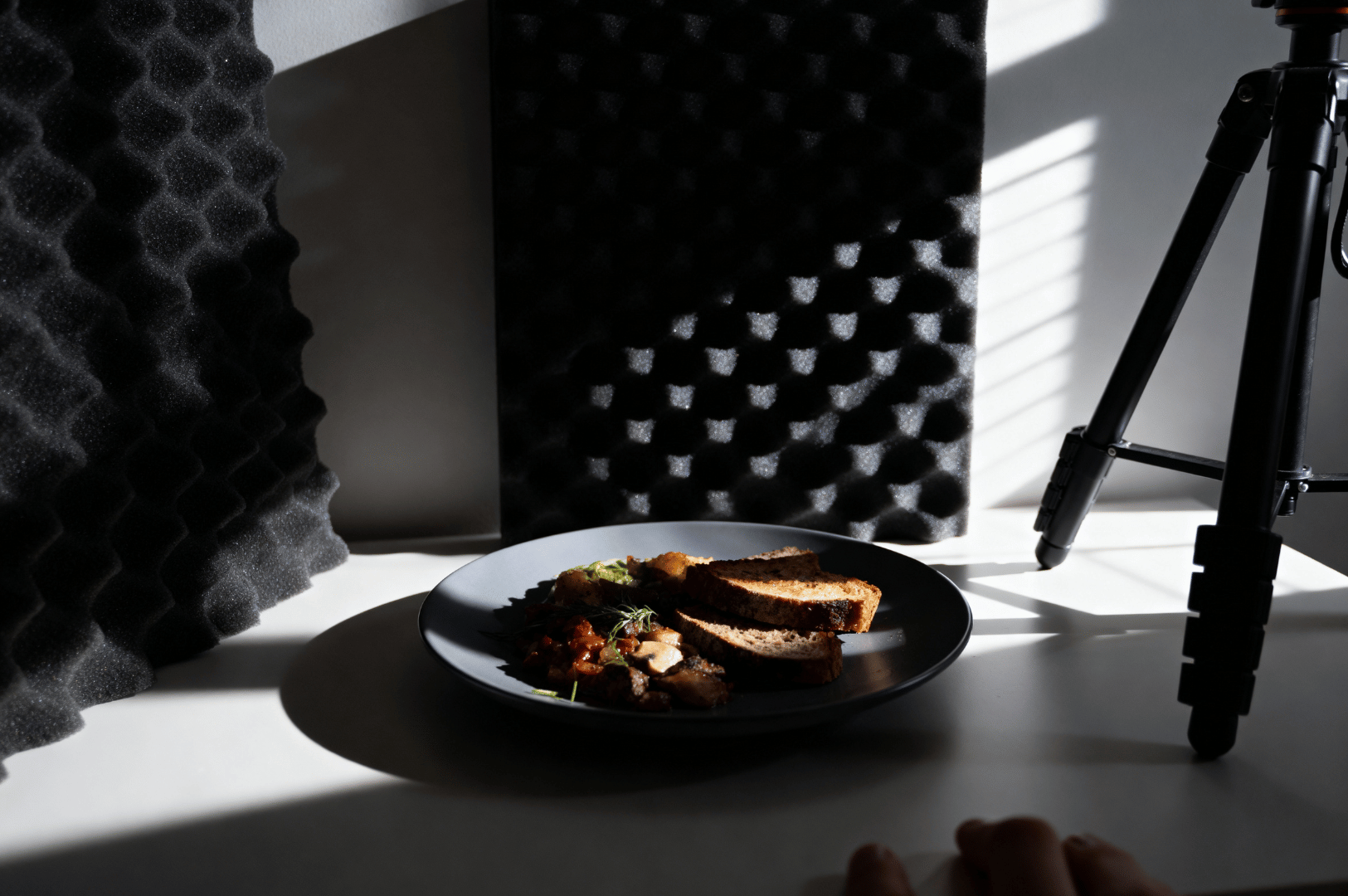 Sunlight streams through blinds to spotlight a plate of herb-topped meat and sliced bread, surrounded by acoustic foam and a tripod—an offbeat fusion of studio setup and natural contrast that captures the behind-the-scenes drama of food photography.