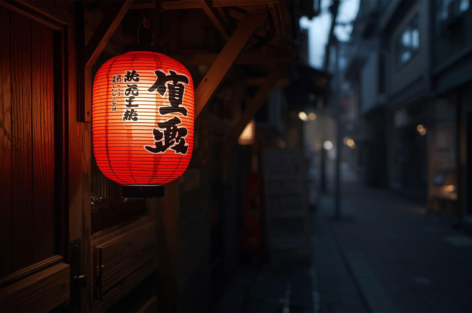 A single, large, red paper lantern with black Japanese calligraphy hanging on a traditional wooden building along a narrow, dimly lit street.