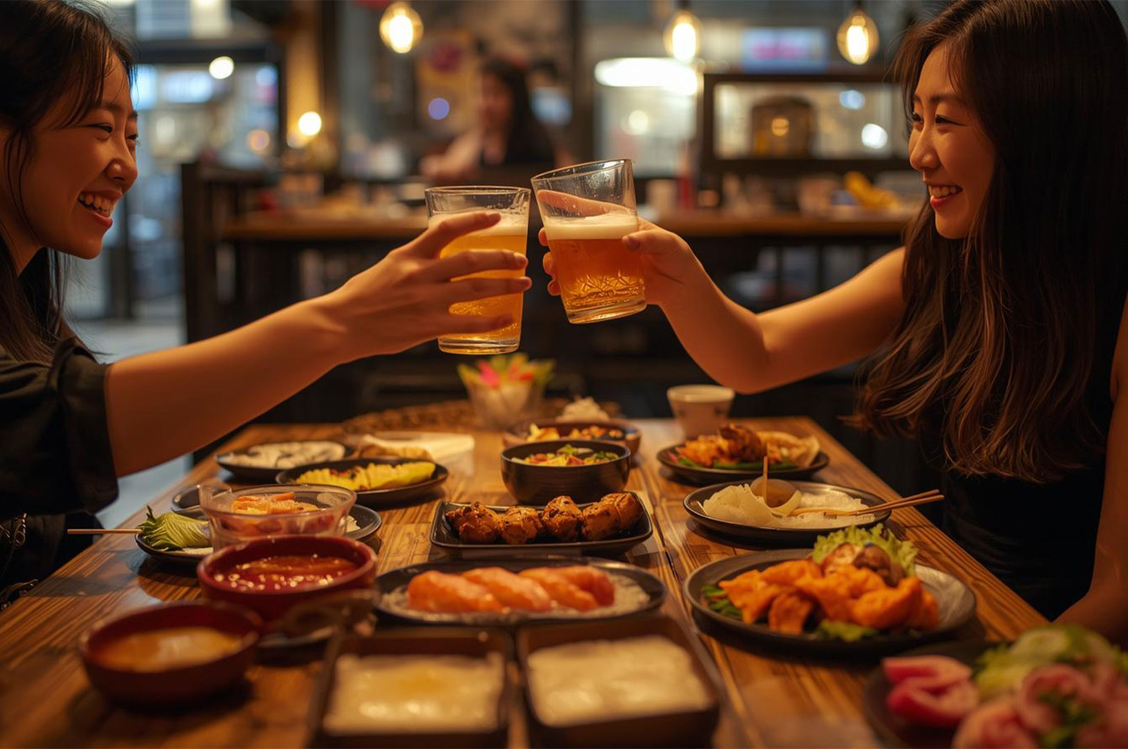 Two young Asian women smiling and making a toast with beer glasses over a wooden table full of various small plates of food in a cozy restaurant.