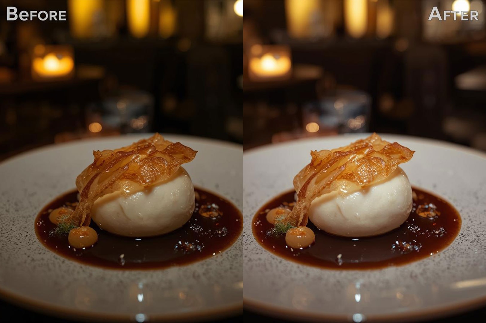 A side-by-side comparison (Before/After) of a gourmet dish featuring a ball of white cheese (likely burrata or mozzarella) topped with caramelized onions and surrounded by a dark, savory reduction sauce.