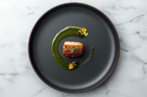 Top-down view of a minimalist fine dining dish featuring seared protein with an artistic smear of green herb sauce and edible flowers on a matte black plate.
