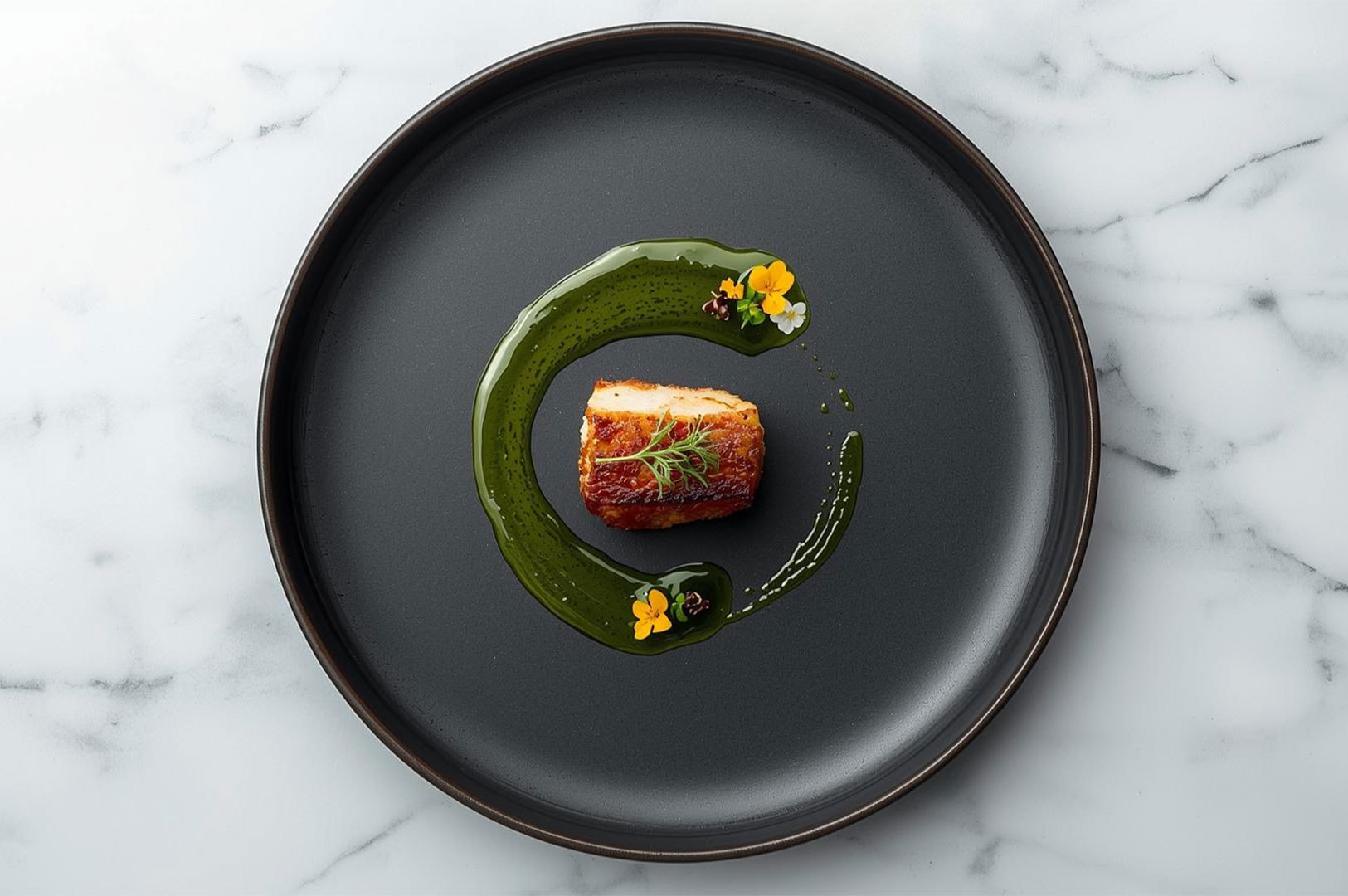 Top-down view of a minimalist fine dining dish featuring seared protein with an artistic smear of green herb sauce and edible flowers on a matte black plate.