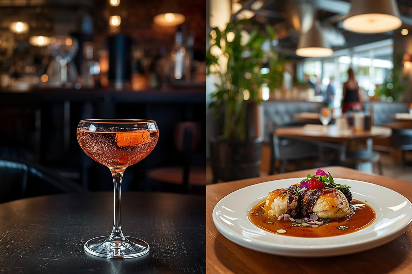 A split image showing a pink craft cocktail in a coupe glass on the left, and a gourmet plated appetizer with rich sauce on a wooden table on the right.