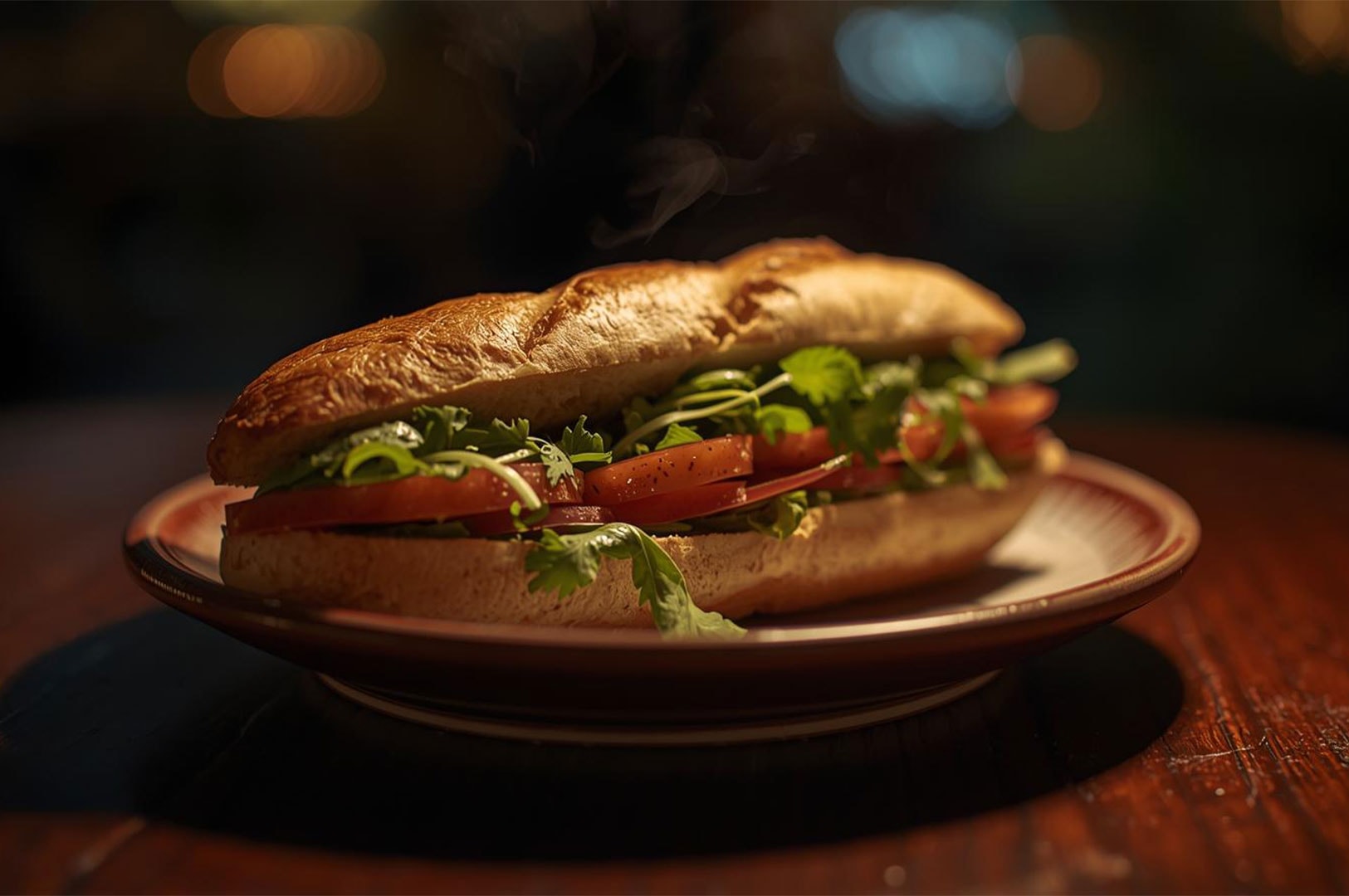 A close-up of a crispy Vietnamese Banh Mi baguette sandwich filled with sliced meat, fresh tomatoes, and cilantro, steaming under warm lighting.
