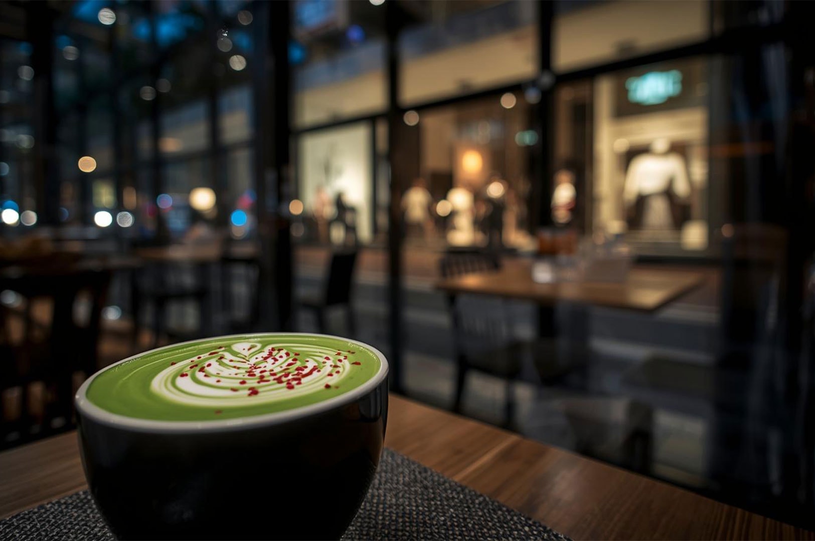 A vibrant green matcha latte with a latte art design and red sprinkles, set on a dark table inside a cafe, with the blurred city street and shopping windows visible outside.