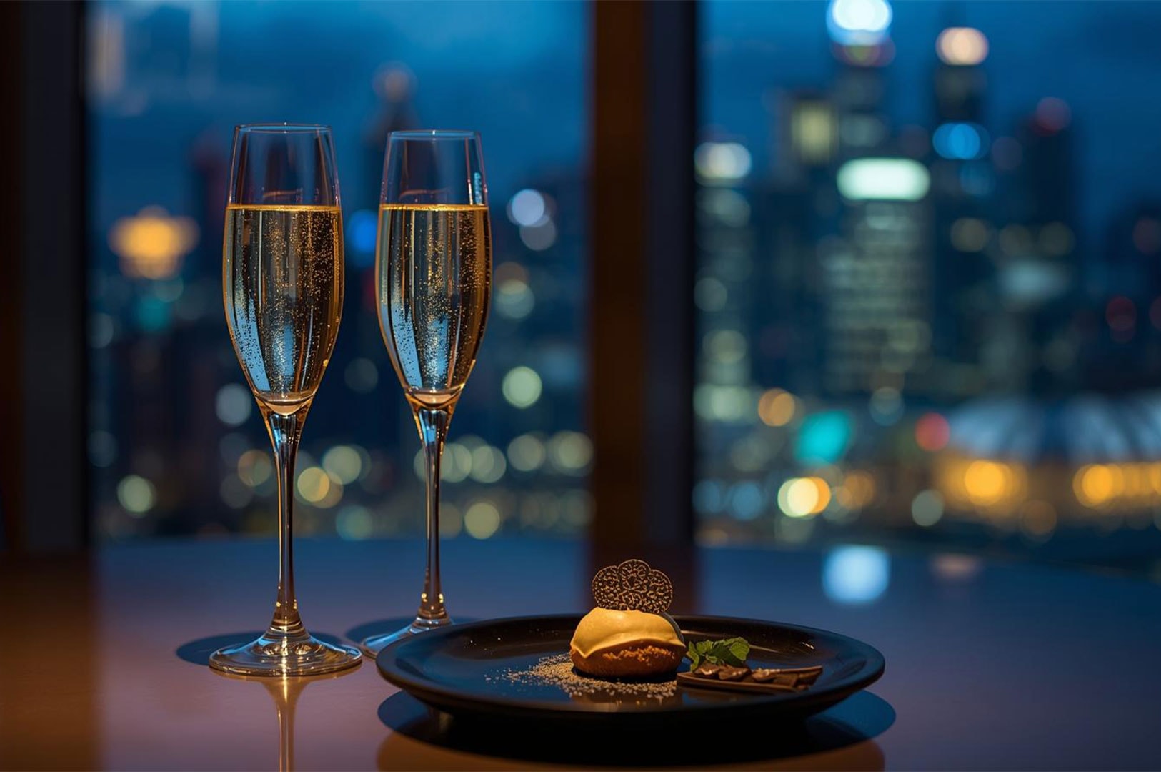 Two champagne flutes and a small dessert on a black plate, set against a blurred nighttime city skyline visible through a large window.