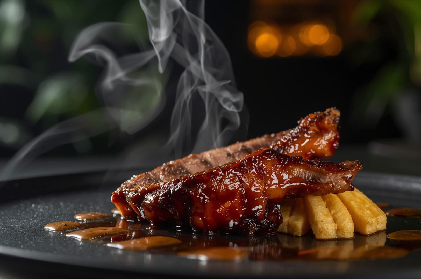 Close-up of a perfectly cooked, steaming piece of glazed BBQ meat (looks like ribs or steak) served on a black plate with thick-cut fries and rich sauce.